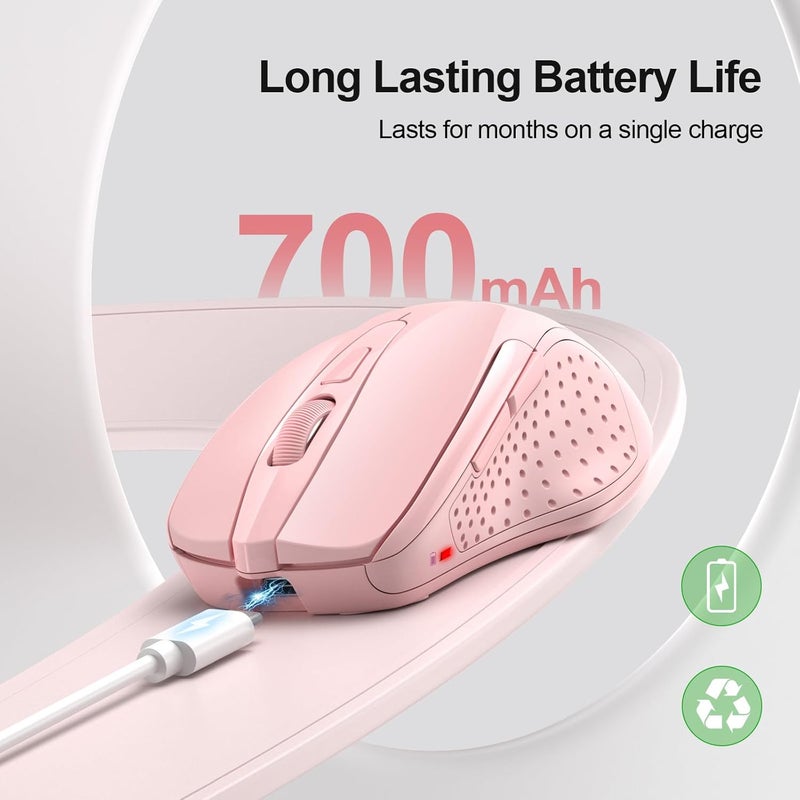 TECKNET Wireless Mouse (BT5.0/3.0 & 2.4G) Rechargeable 4800 DPI Silent USB A & Bluetooth Mouse 6 Buttons, Wide Compatibility - Pink - Image 3